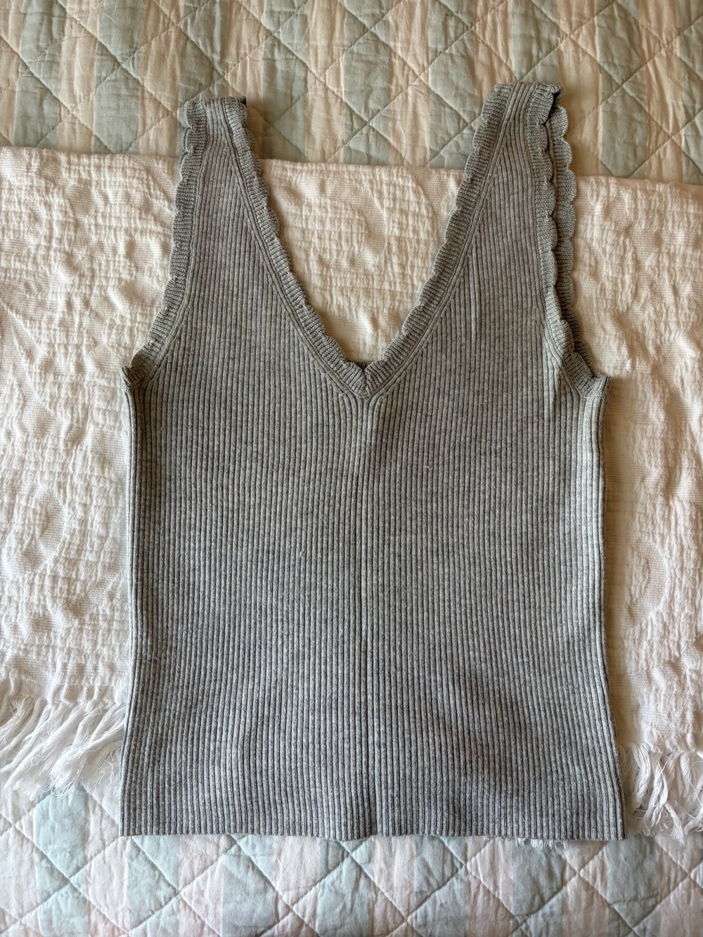 aerie Gray Ribbed V-Neck Tank with Scalloped Trim